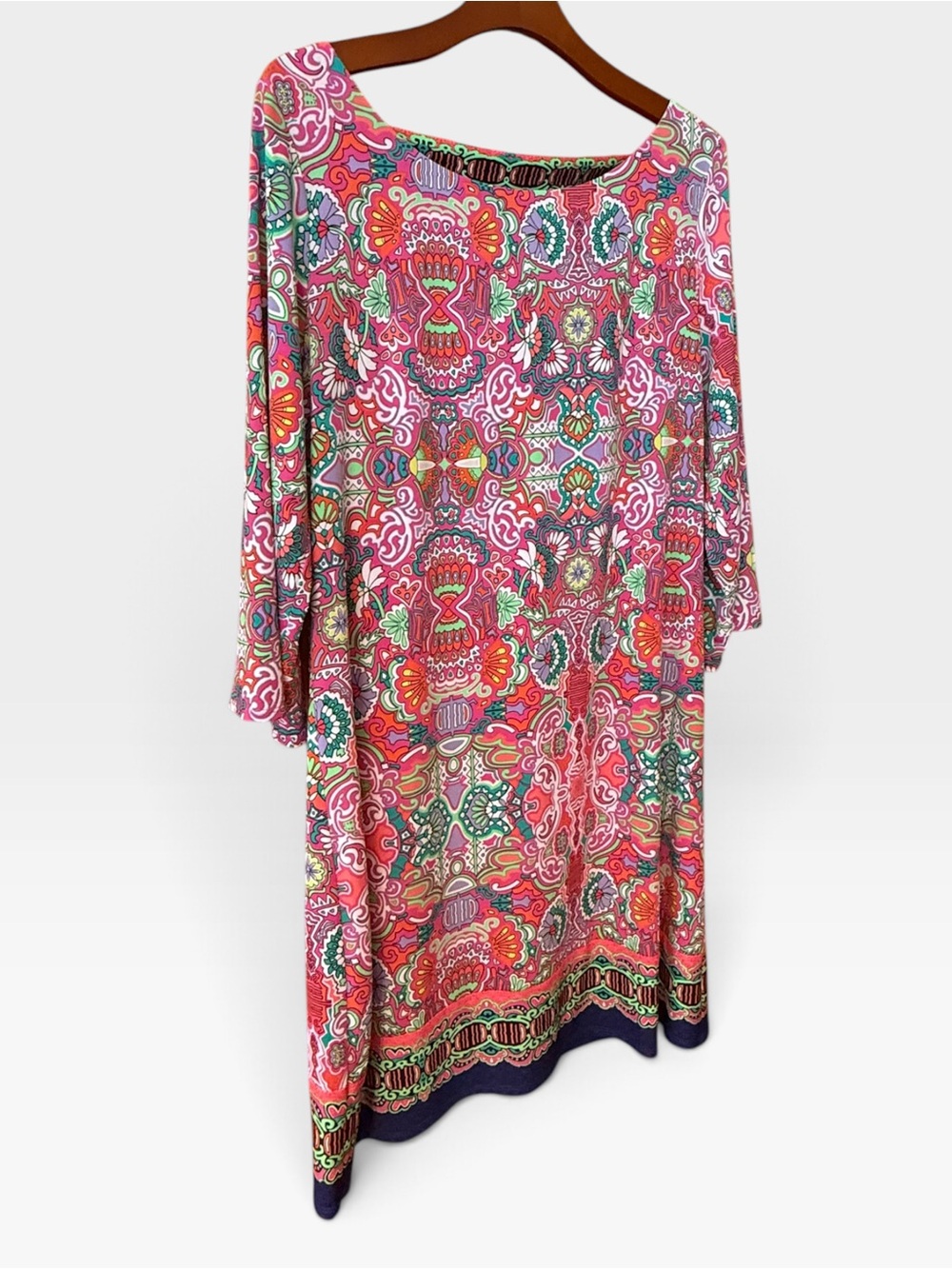 Laundry Shelli Segal Pink Paisley Shift Dress Deep V Back 3/4 Sleeve L